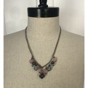 Fashion Chain Bead Necklace Pink Blue Goldtone 18" Long